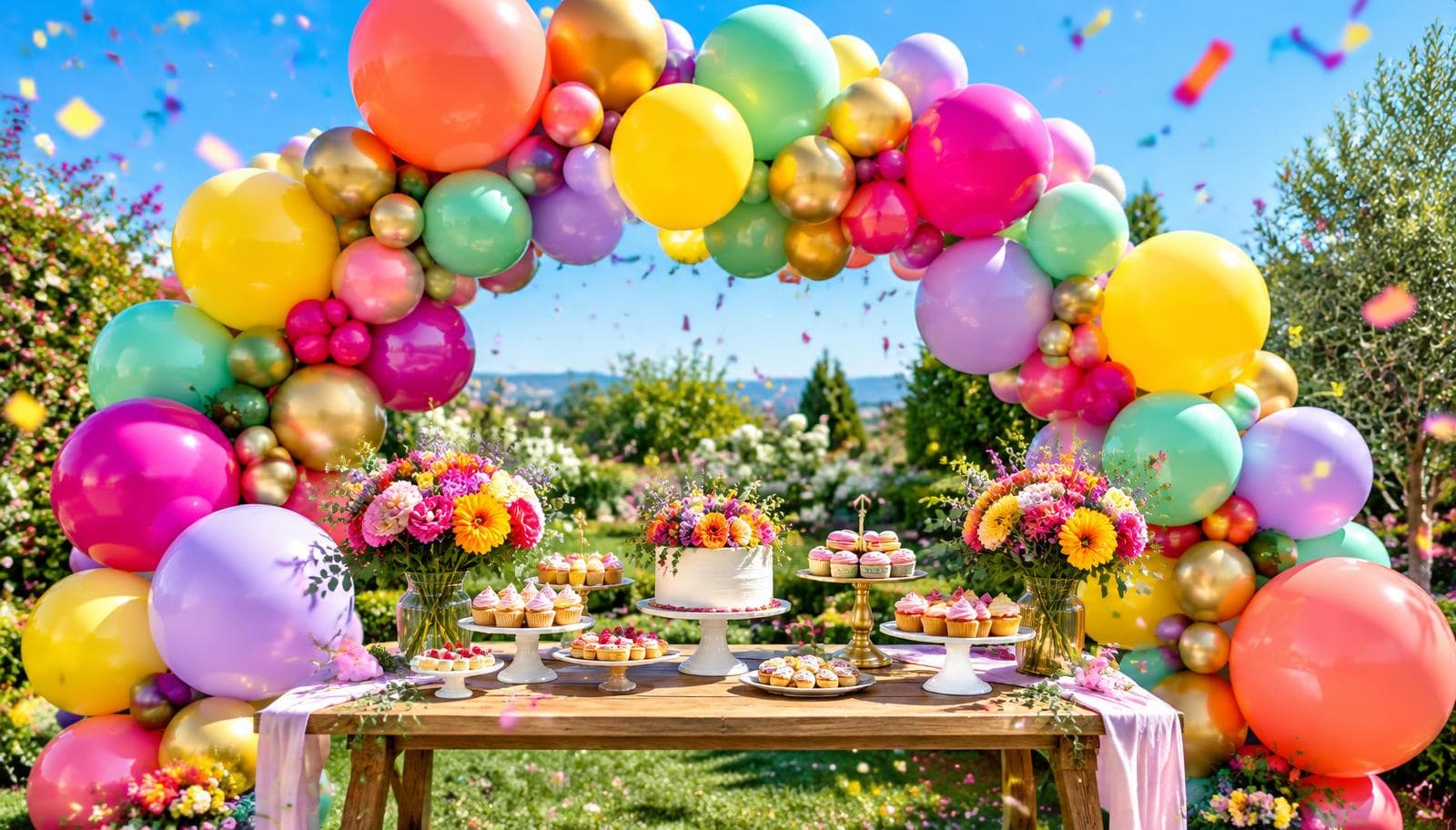 Bright multicolored balloon arch over an outdoor garden party dessert table